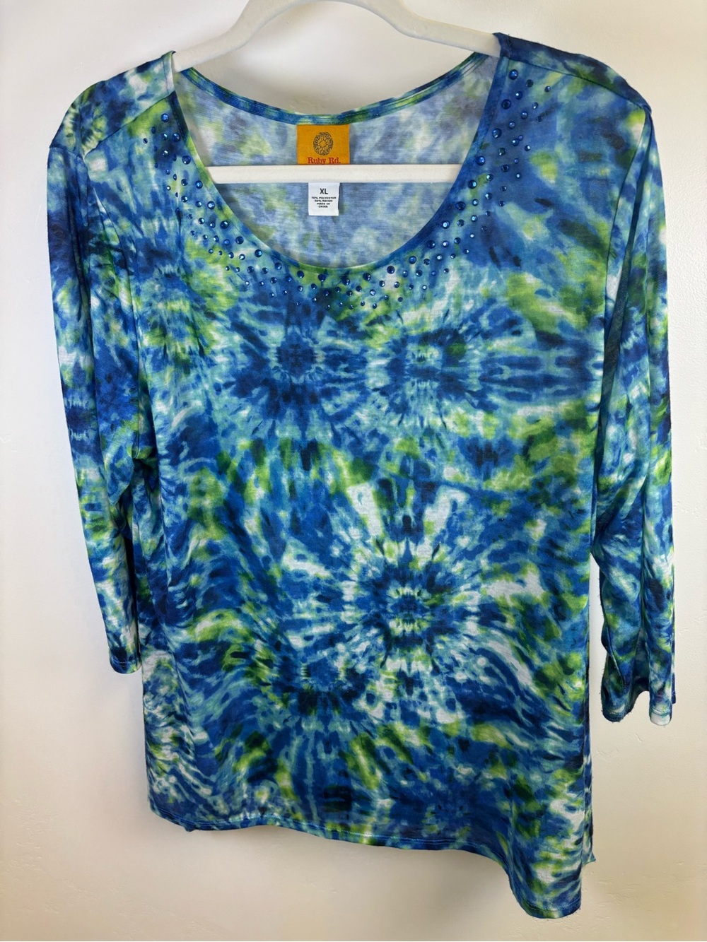 RUBY ROAD TUNIC TOP BLOUSE WOMEN XL  BLUE GREEN MOSIAC PRINT 3/4 SLEEVES